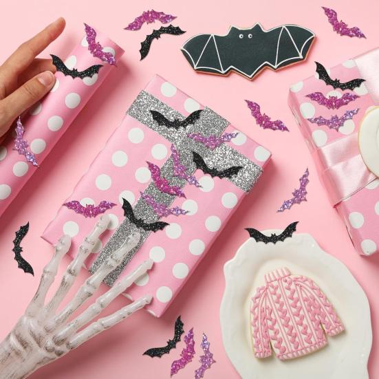 500 Pcs Halloween Bat Sticker Rolls Sparkly Pink Black Bat Decals Reusable Laptop Stickers for Coloring Book Scrapbook Envelope Journal Decor