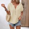 Женская рубашка с V-образным вырезом, декором в виде пуговиц, коротким рукавом, свободная рубашка, однотонная повседневная летняя футболка, повседневная одежда