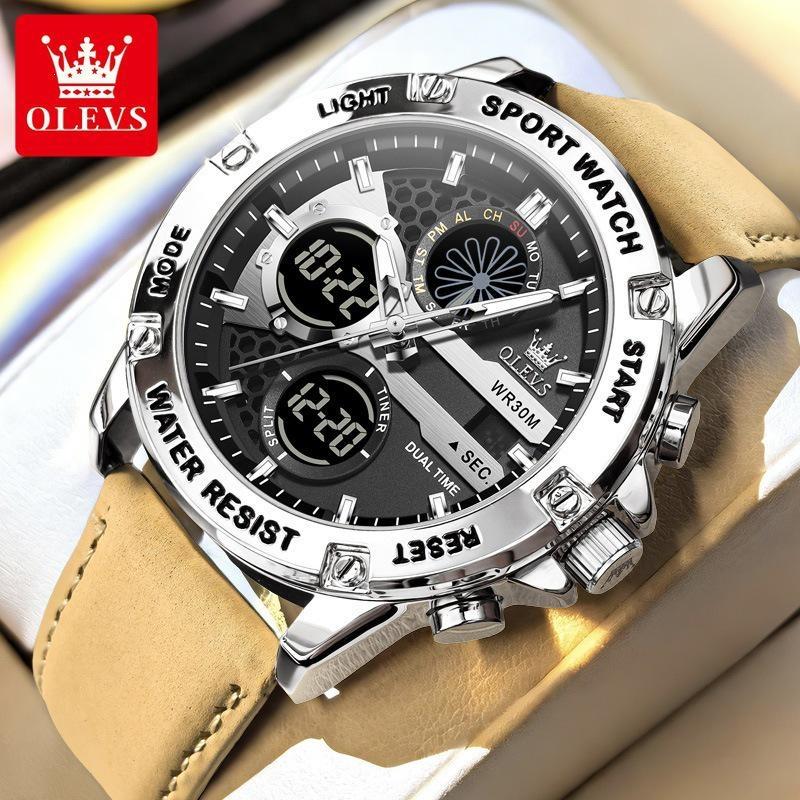 OLEVS Multi Function Quartz Watches for Man Fashion Casual Leather Strap Dual Time Waterproof Luminous Digital Man Watch