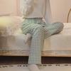 Корейский стиль Женская пижама из искусственного хлопка: Однотонный топ с длинными рукавами и клетчатые брюки на весну и осень