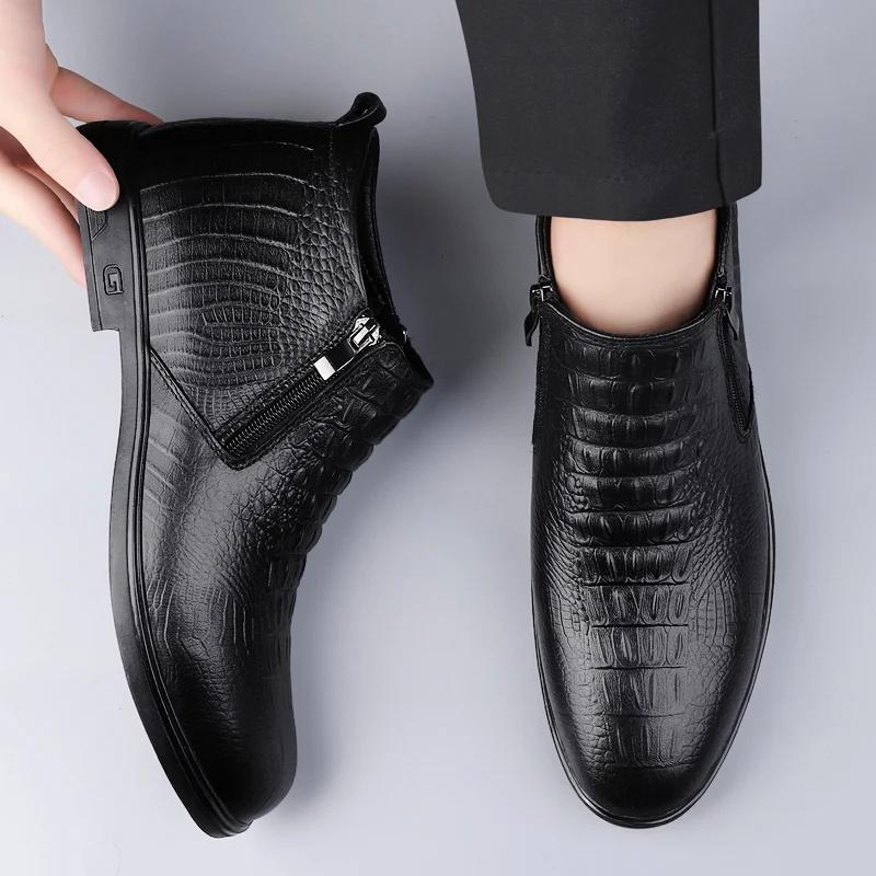 Модные зимние плюшевые мужские ботинки челси из натуральной кожи, кожаные мужские дизайнерские ботильоны, модные повседневные деловые формальные ботинки, ковбойские сапоги