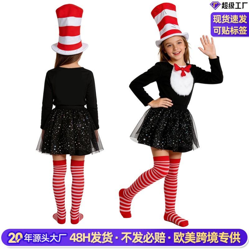 Halloween Cosplay Costume Cat In Hat Kids Stage Performance Outfit