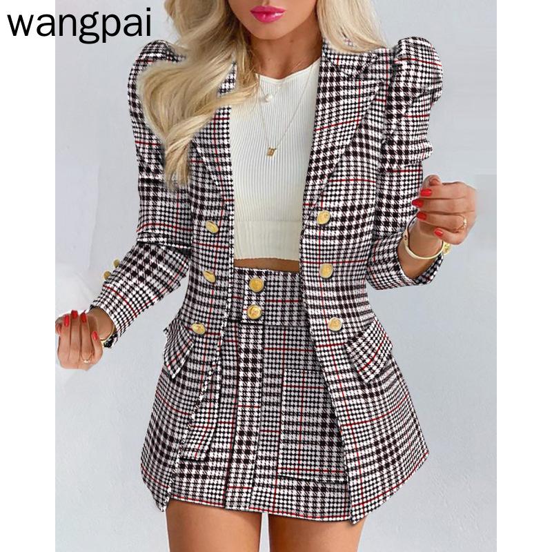 Женский осенне-зимний повседневный костюм с длинными рукавами, куртка с юбкой и принтом, комплект из двух предметов