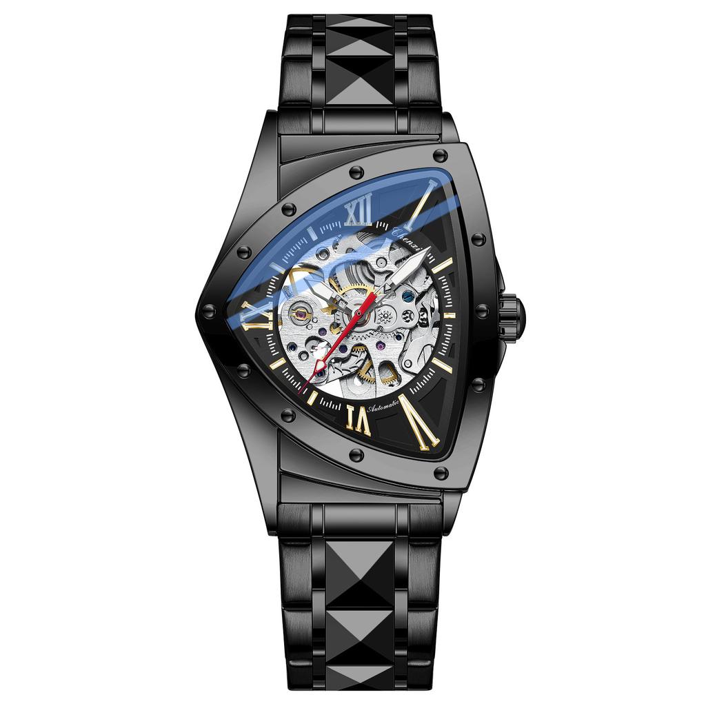Автоматические мужские часы класса люкс из нержавеющей стали с треугольным циферблатом, механические наручные часы-скелетоны, водонепроницаемые, светящиеся часы