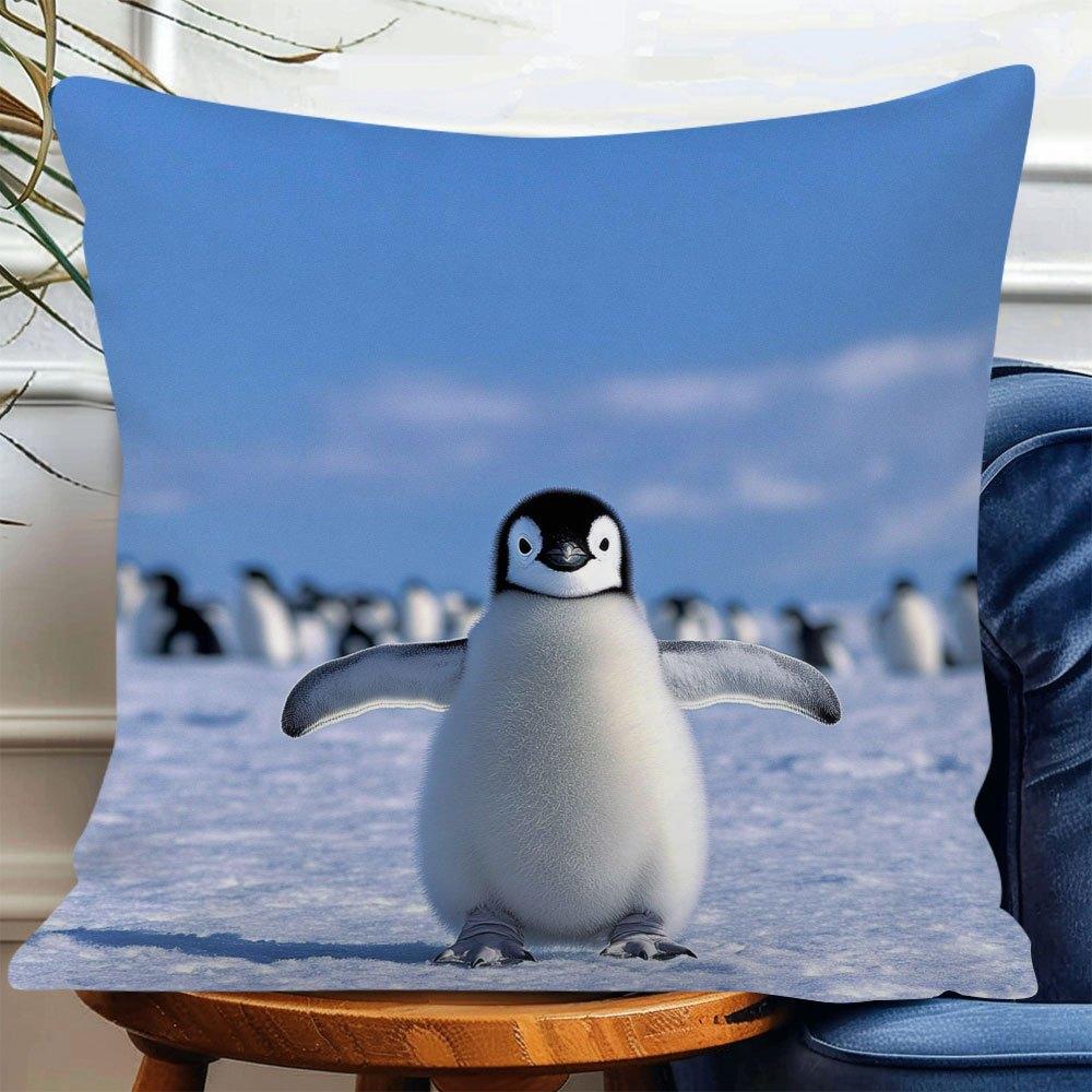 1pc. Enchanting Penguin Print Polyester Pillow Cover - Soft & Cozy, Throw Pillow Cover for Sofa & Bedroom Decor, with Zipper, Machine Washable - Vinta