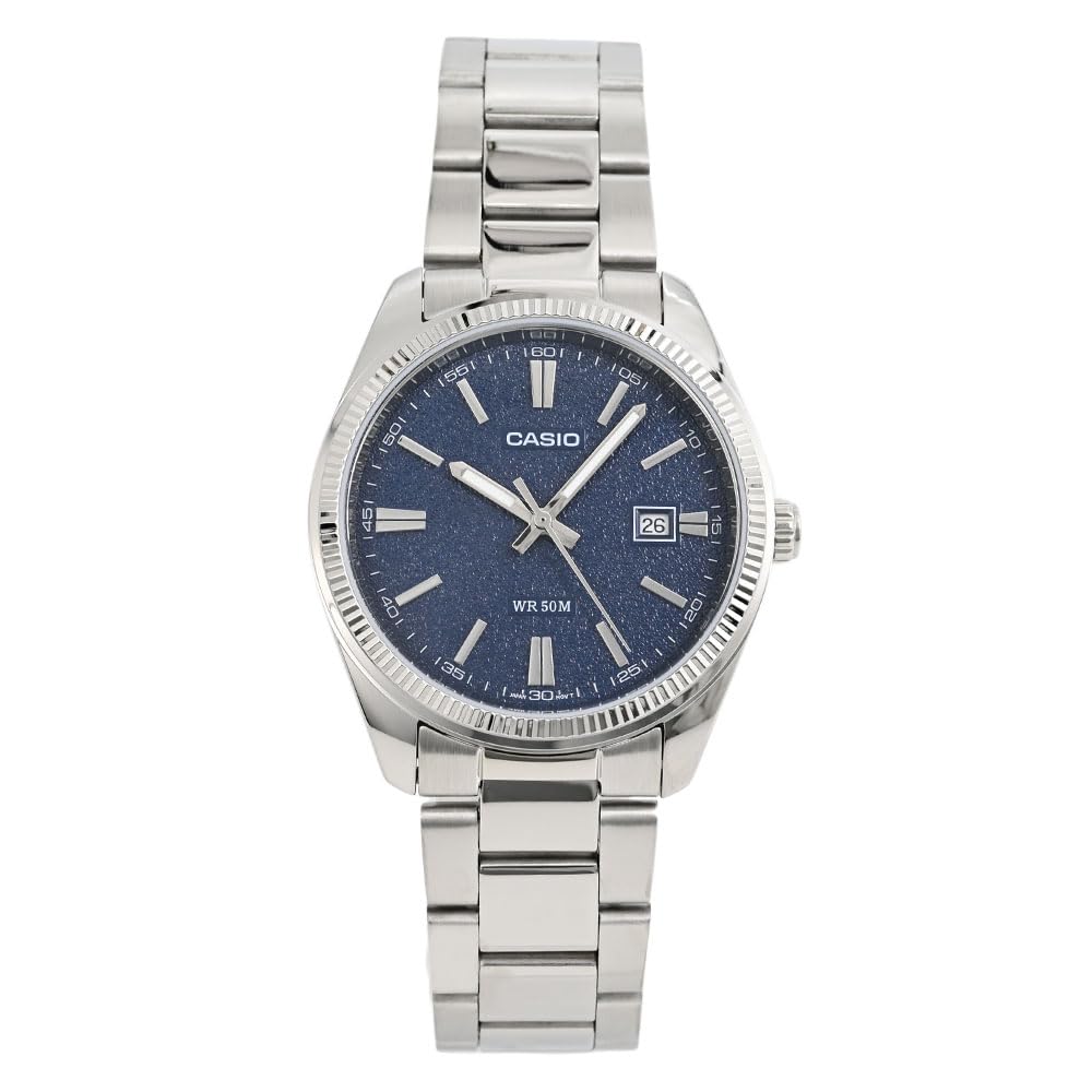 CASIO STANDARD Men's Analog Quartz Watch MTP-1302DA-2A1 Classic Date Display Blue Dial Silver Stainless Steel Band 38.5mm Slim
