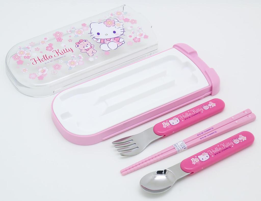 OSK Cutlery Hello Kitty Sakura with and Made In Sliding Dishwasher Easy To for Girls and Children Set, Design, Pull-Lid Trio, Chopsticks, Spoon, Fork,