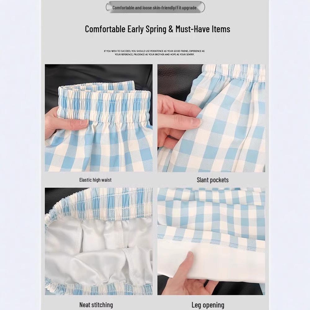 Женские розовые клетчатые свободные брюки прямого кроя с высокой посадкой и широкими штанинами - Весна/Осень 2025