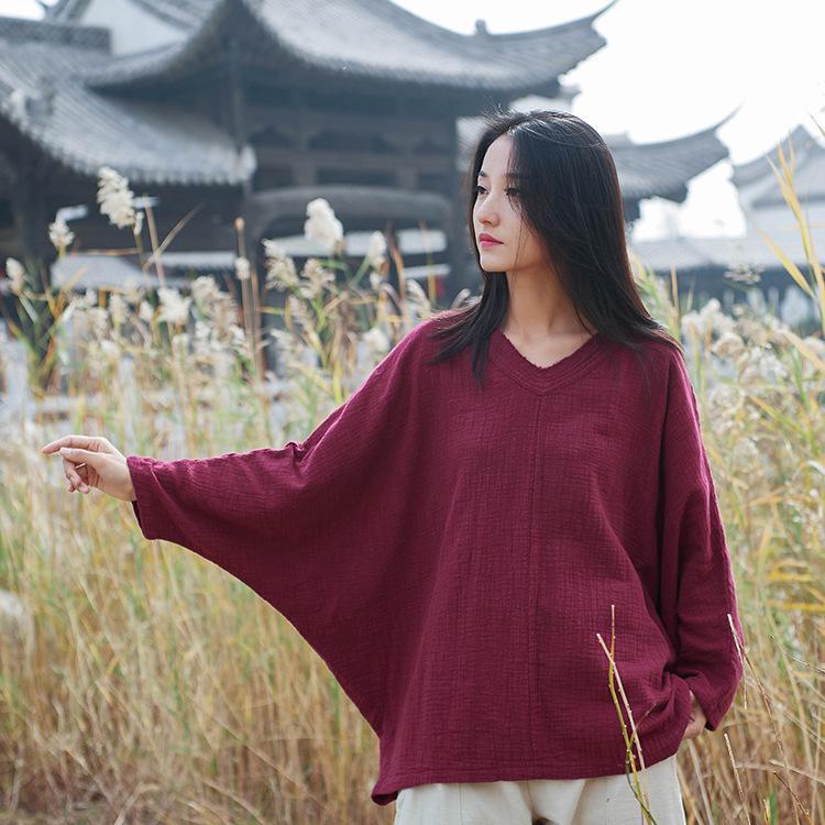 2025 Spring/Summer Women's Chinese Retro Slimming V-Neck Cotton/Linen Bat Sleeve T-Shirt