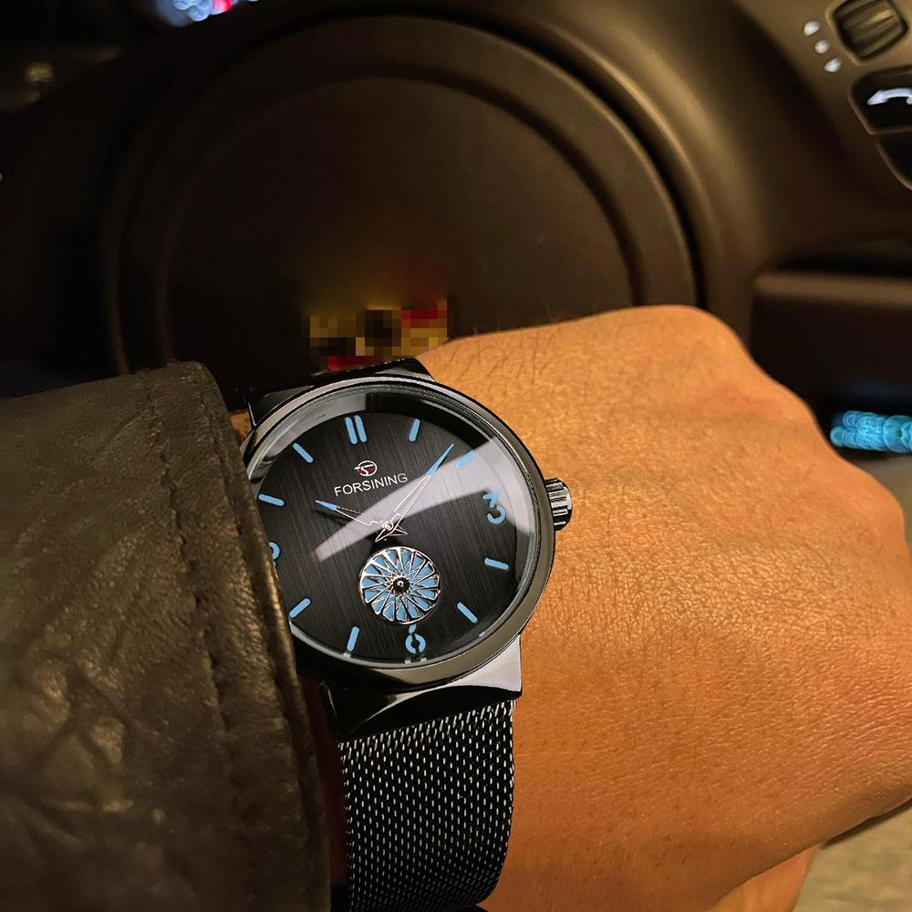 Forsining Men's Skeleton Mechanical Watches Waterproof Outdoor Wristwatch Casual Minimalism Watch For Man Black Mesh Band