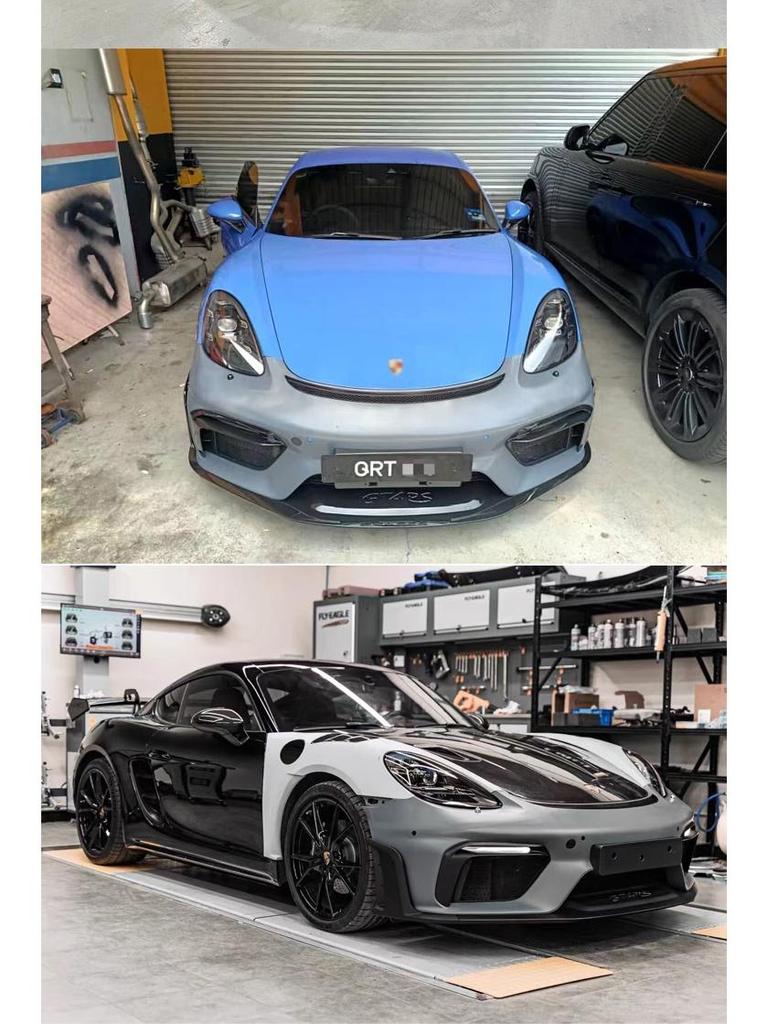 Совместимый комплект для модернизации Porsche 718 GT4 981: Передний бампер GTRS4, задний диффузор, капот, задний спойлер.