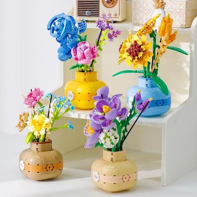 3D садовый цветок в горшке, роза, подсолнухи, строительный блок, игрушка, романтический букет «сделай сам», 500 + шт., модель сборки с вазой для детей и взрослых