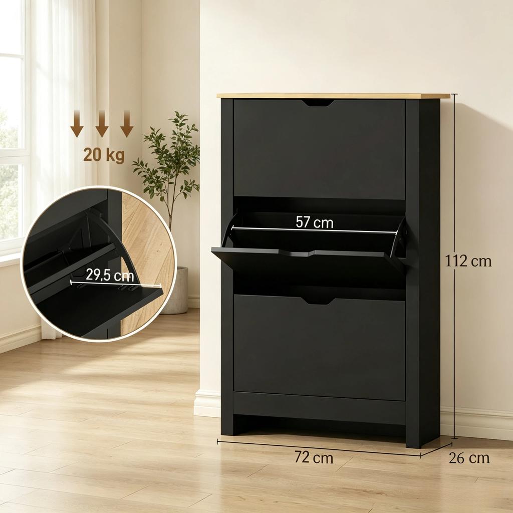Shoe Cabinet, 3 Drop-Down Doors, 2 Compartments, Particleboard Panels, Black