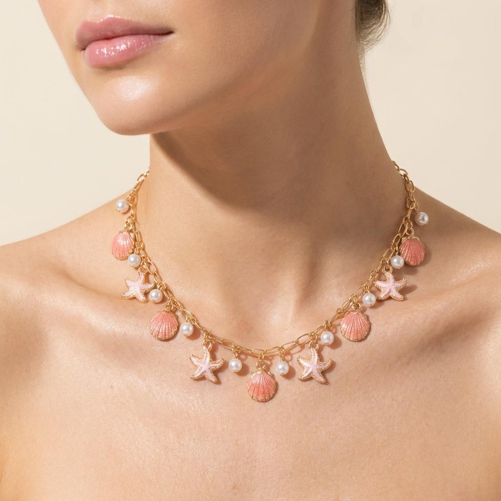 Y2K Unique Ocean Theme Necklace for Women Boho Pink Enamel Starfish Scallops Pendant Choker Necklace Aesthetic Summer Jewelry