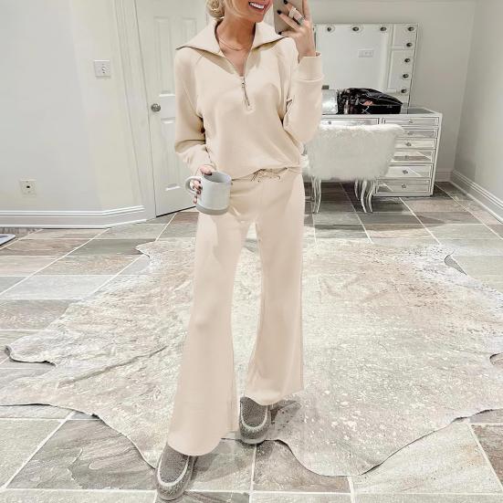 2 шт./компл. осень-зима пальто брючный костюм сплошной цвет с лацканами толстый свободный однотонный декор на молнии с длинными рукавами, широкие штанины, эластичная резинка на талии