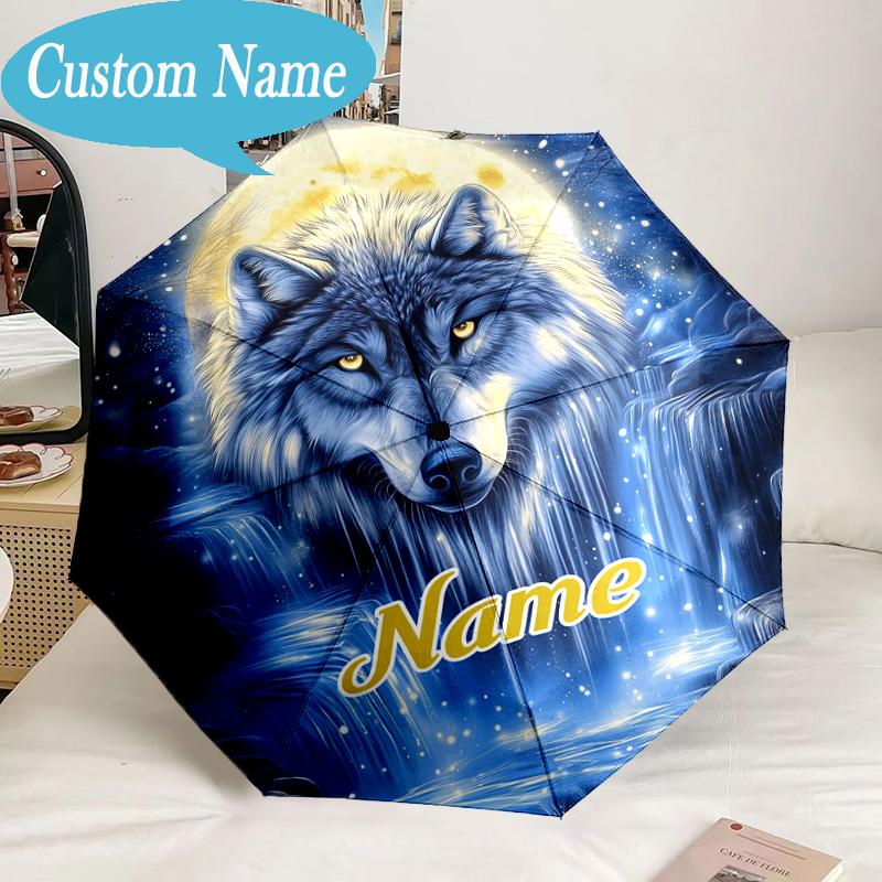Custom Name Umbrella Electric Wolf Spirit Umbrella 8-Frame for Travel, Camping, Casual Lightweight Portable, Essential for Family Gifts