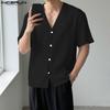 Men V Neck Short Sleeve Buttons Up Casual Loose Texture Shirts