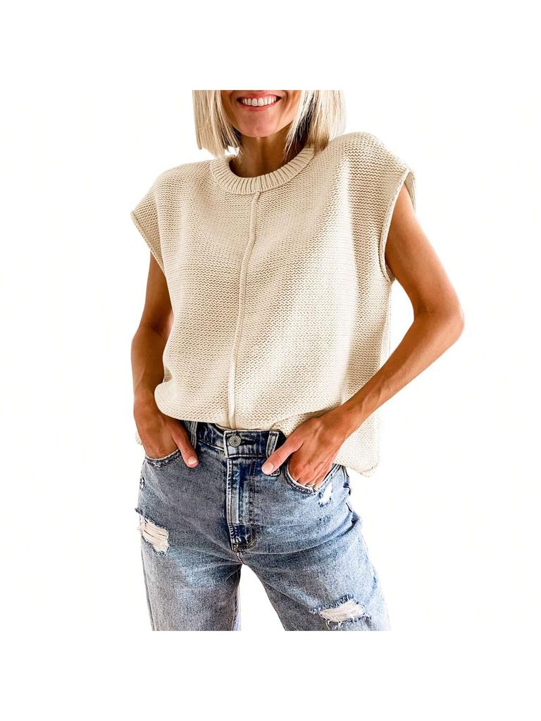 Women's Cap Sleeve Knit Pullover Crew Neck Lightweight Short Sleeve Summer Sweater