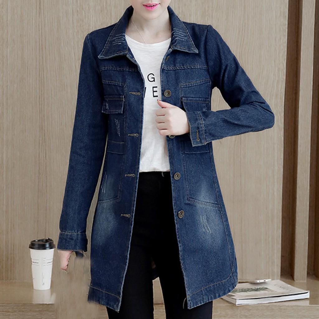 Plus Size Fashion Lapel Women Casual Denim Buttons Vintage Jeans Jacket Cardigan