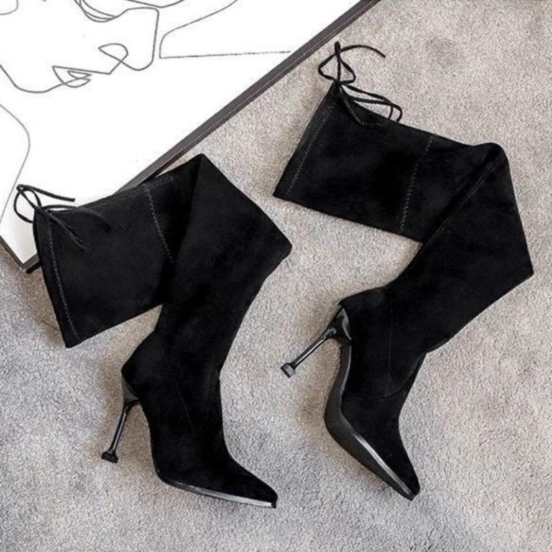 Fashion Ladies Boots Pointed Toe Black Above Over The Knee Elegant Heeled Shoes for Women Footwear Elastic High Heels Thigh Gothic Hot