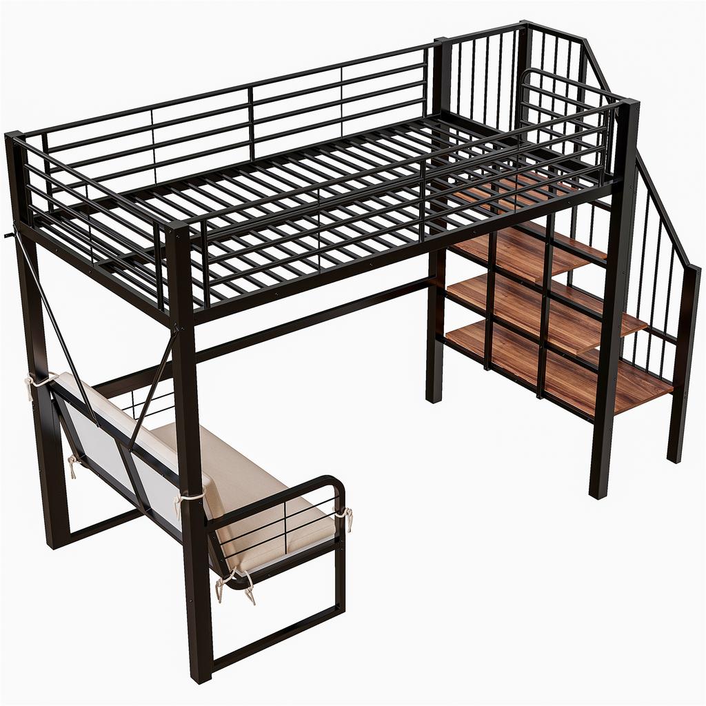 Bunk bed (90 x 200) with sturdy metal frame, removable upholstered sofa, storage space and safety staircase. Suitable for children and adults. Black.
