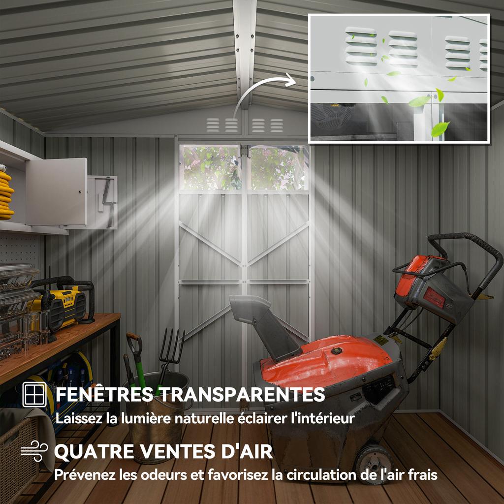Metal garden shed 2.7 m² with window, 4 vents and lockable door, 246 x 117 x 180 cm, grey