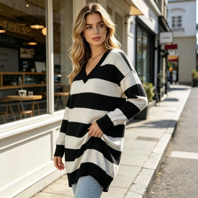 Womens V-Neck Knit Sweater Striped Loose Fit Long Sleeve Casual Streetwear Top Winter