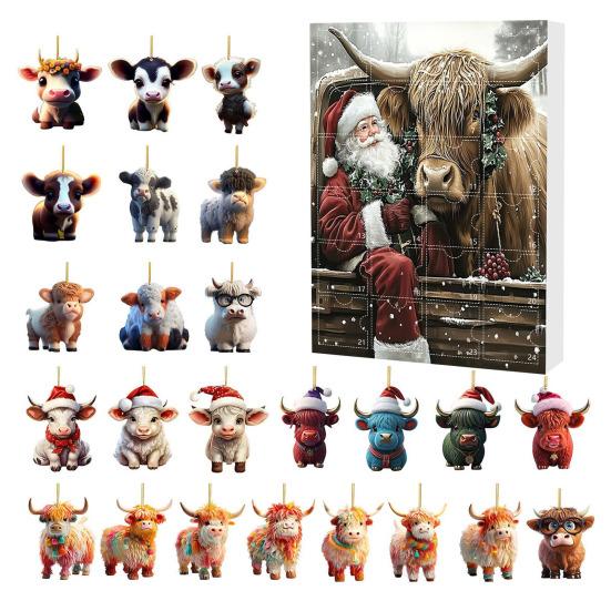 Highland Cow Ornaments Advent Calendar 2025 24 Days Christmas Countdown Calendar with Cartoon Cows Ornament for Xmas Tree Decor