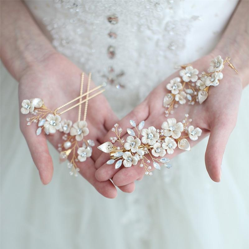 Handmade Ceramic Flower Rhinestone Bridal Hair Clip Women's Wedding Headpiece Bobby Pin Jewelry Alloy Material