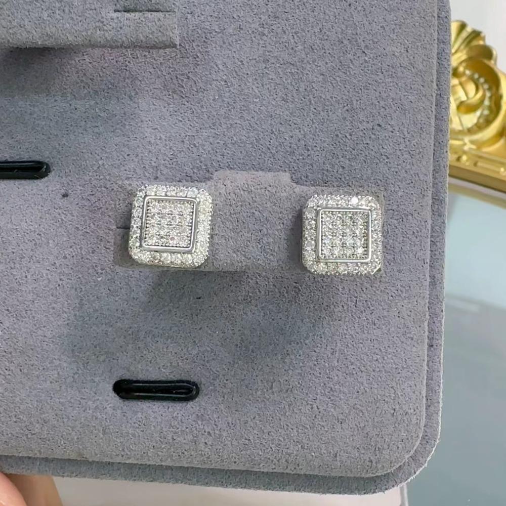 Square Double Layer Iced Out Moissanite Stud Earrings Copper Hip Hop Jewelry For Men Women