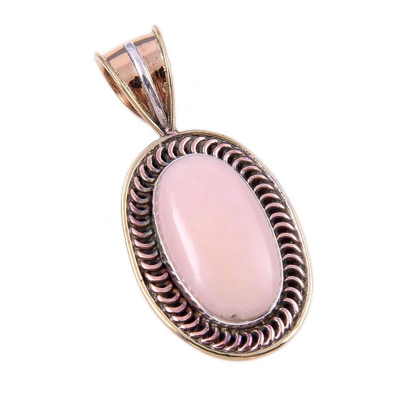 Natural Pink Opal Gemstone 925 Solid Sterling Silver Two Tone Pendant 1.50" Z7F66