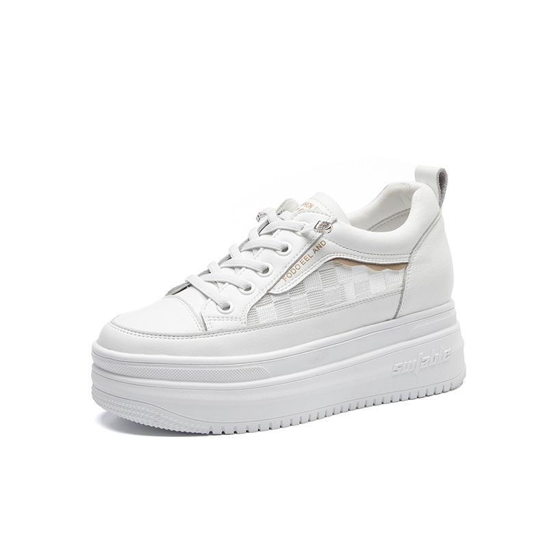 9cm Inner Raised Mesh Leather Small White Shoes for Women's 2024 Summer New Thick Soles, Versatile Casual Shoes for Students