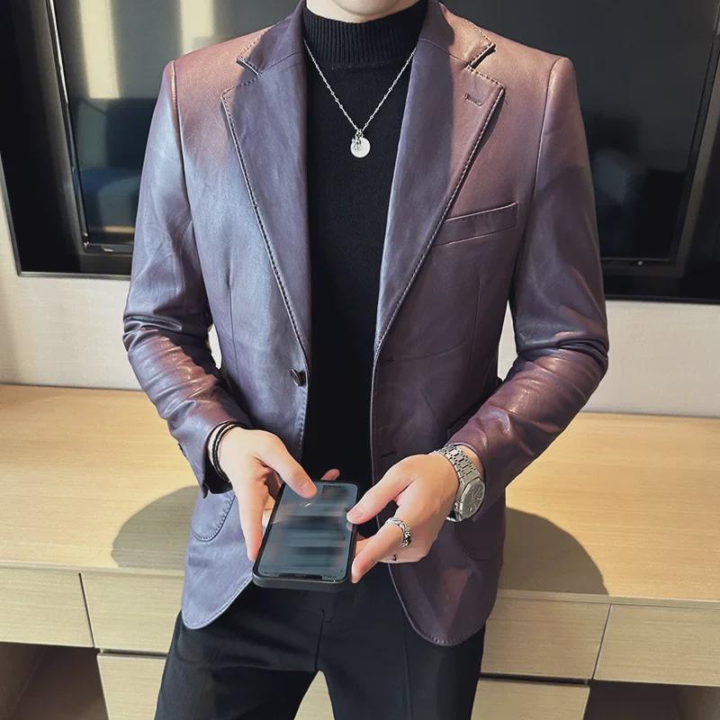 Мужская однотонная кожаная куртка - модный приталенный деловой повседневный стиль, DX02.