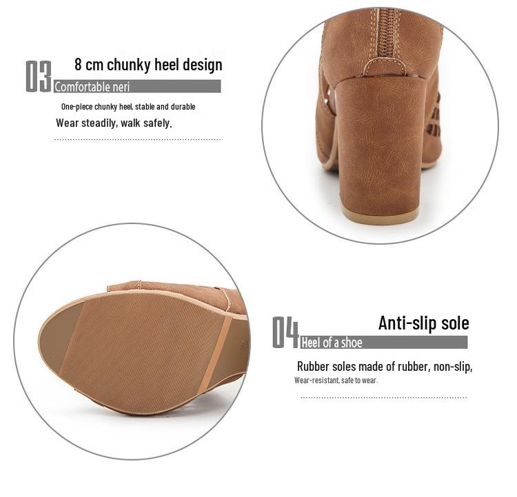 Босоножки с открытым носком и массивным каблуком: Летняя коллекция 2025 года для женщин больших размеров – Европейский и американский стиль, Ажурный дизайн