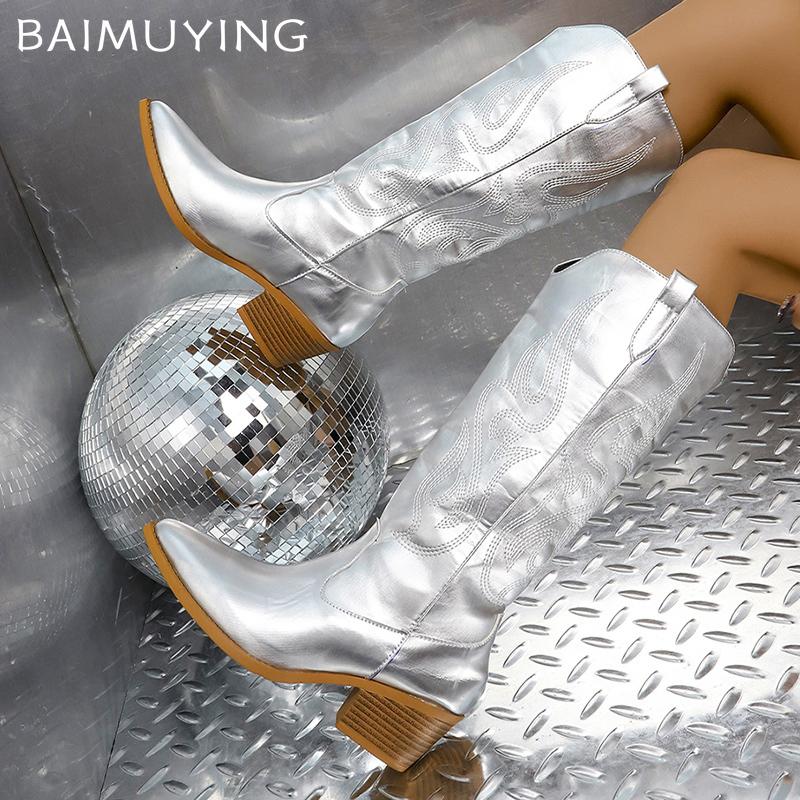 Кожаные женские высокие сапоги с острым носком и вышивкой на среднем каблуке 2025 года, дизайнерские туфли-лодочки на толстом каблуке, зимние туфли-челси Botas De Mujer