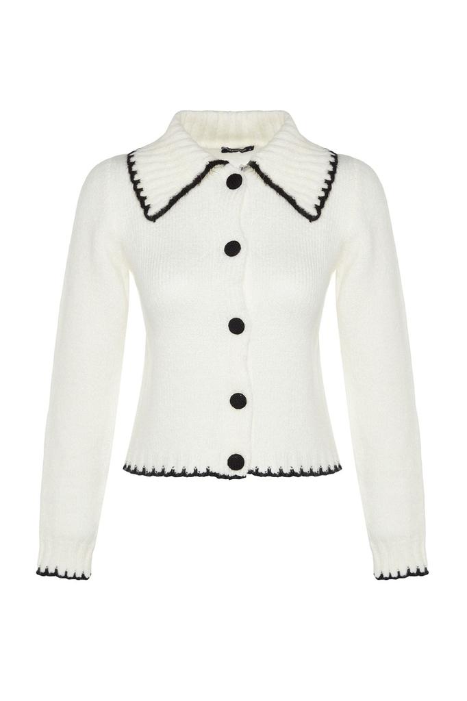 Women's Elegance Style Cardigan Black Soft Textured Contrast Color Knitwear Cardigan