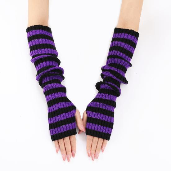 Women Striped Elbow Gloves Winter Knitted Arm Warmers Goth Punk Fingerless Gloves Stretchy Mittens with Thumb Hole for Daily Wear Cosplay