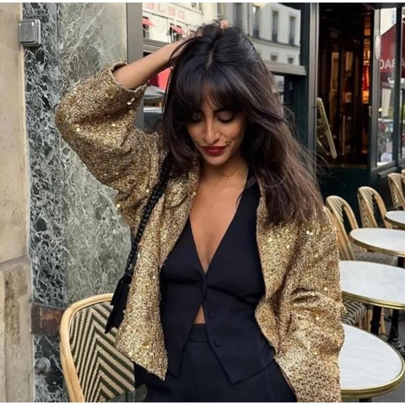 Блестящая куртка с воротником-стойкой и блестками для женщин 2023, осень-зима, с длинным рукавом, золотого цвета, повседневное свободное женское пальто, шикарное карманное модное уличное пальто, винтажное пальто