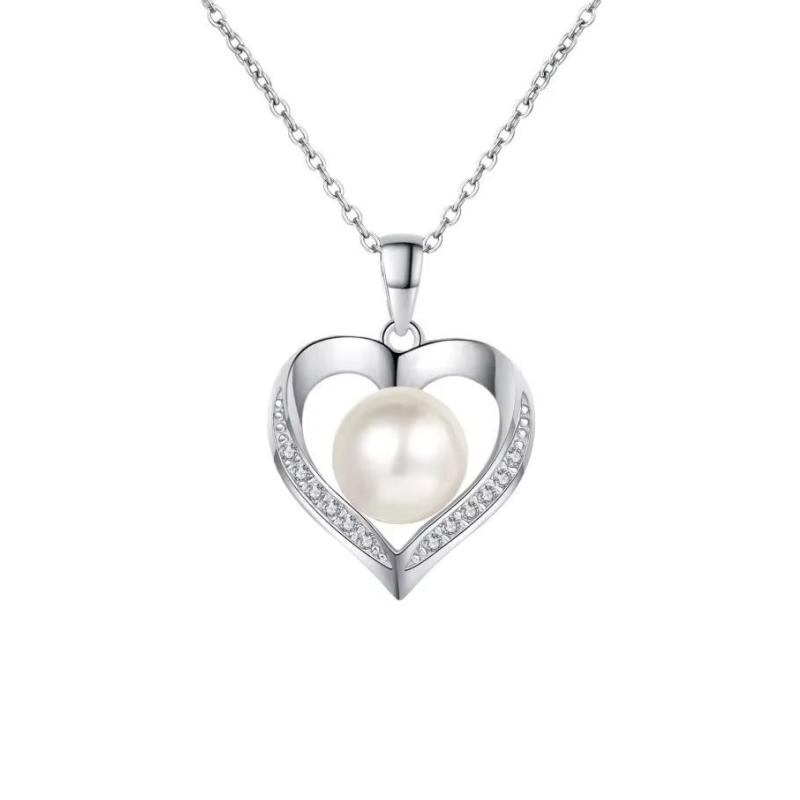 Girl Adult's Day White Gold 18K Necklaces 0.96CT Moissanite Diamond 9mm Pearl Heart Pendant Women Platinum Birthday Gift