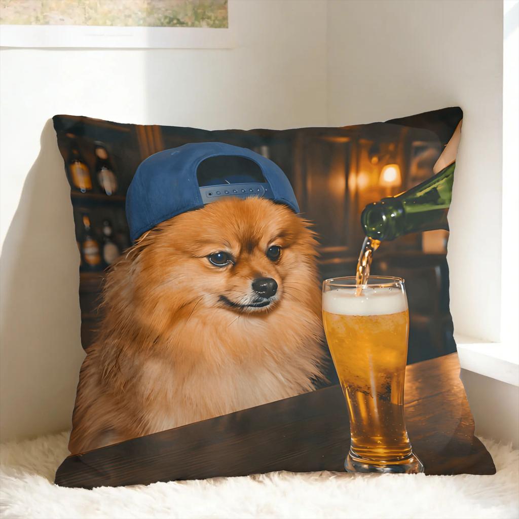 Pomeranian Drinking Beer Pillowcases Novelty Pillow Case For Sofa Home Decoration Square Pillow Cover