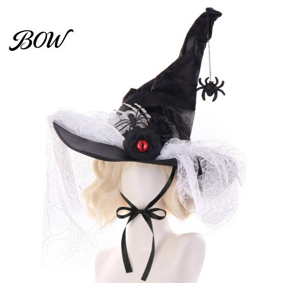 Gothic Costume Accessories Halloween Witch Hat for Women, Spider Web Mesh Skeleton Hand Multi Layered Lace Decor Rose Flower Wizard Costume,