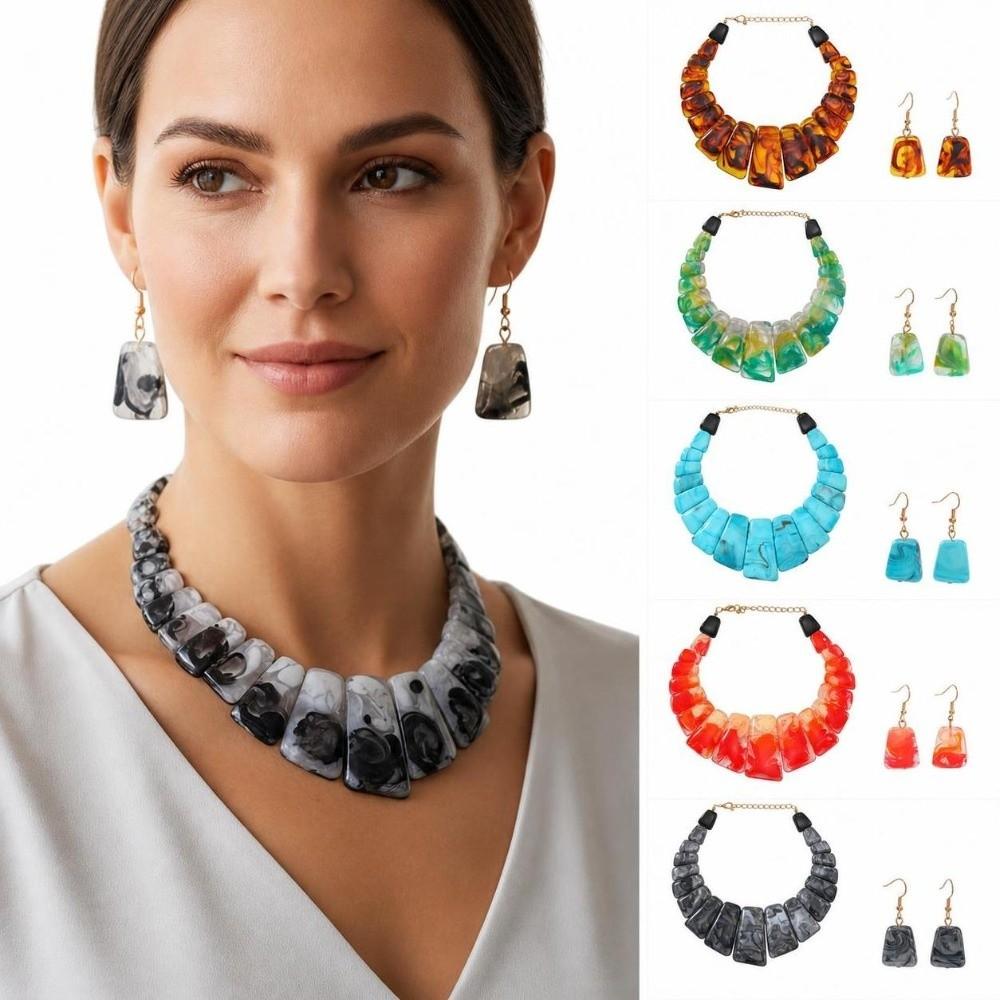 Geometry Necklace Earrings Set Resin Neck Chain New Stud Earrings For Women