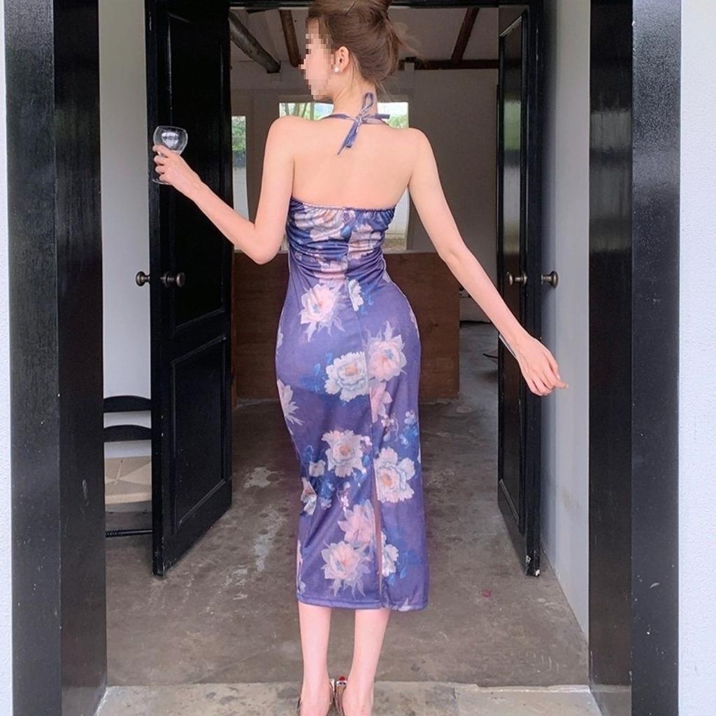 Sexy French print halter hip skirt women's early spring celebrity temperament slim neck suspender dress