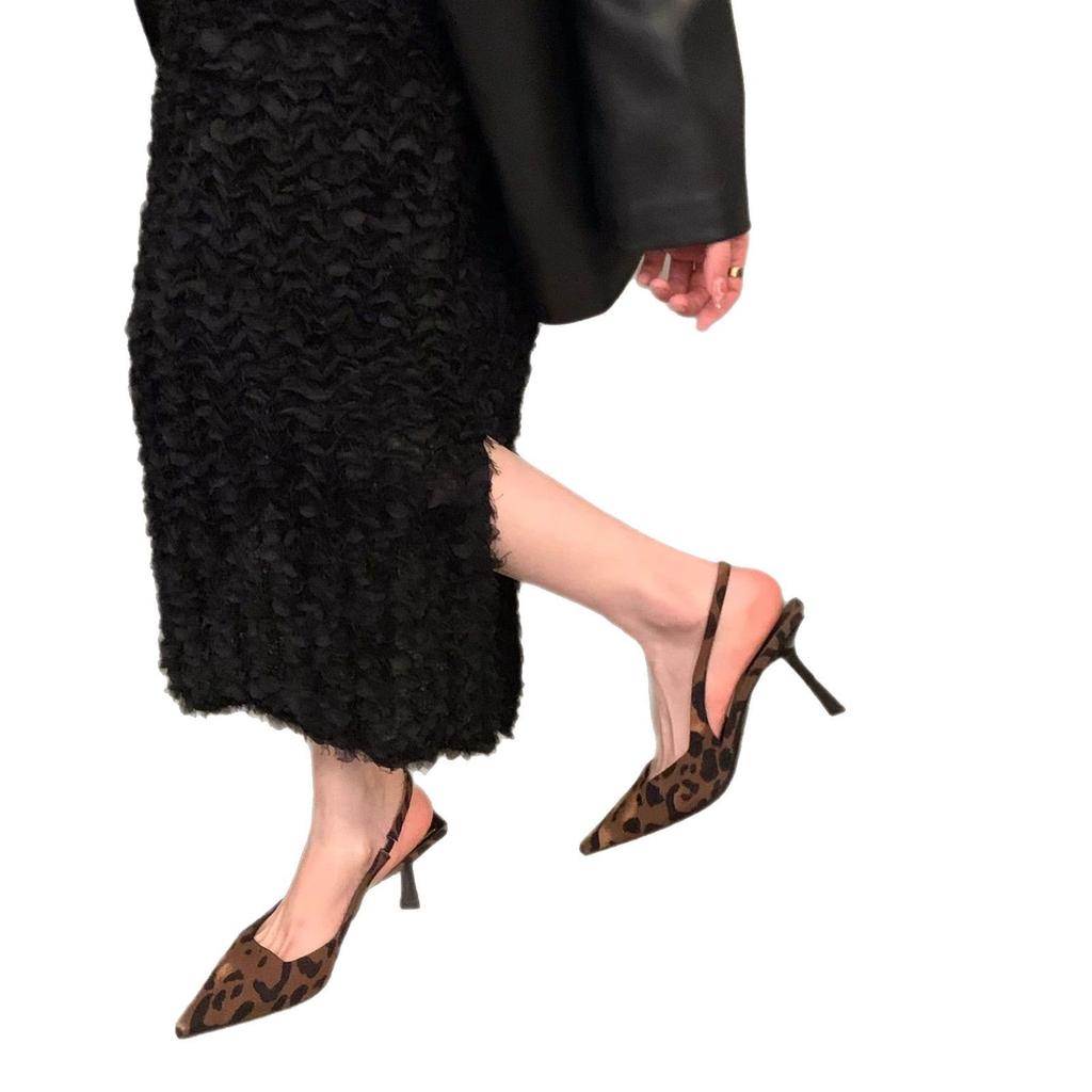 2025 New Fashion French Pointed Leopard Print High Heels Bag Head Sandals Suede Spring and Summer New Single Shoes Fairy Style