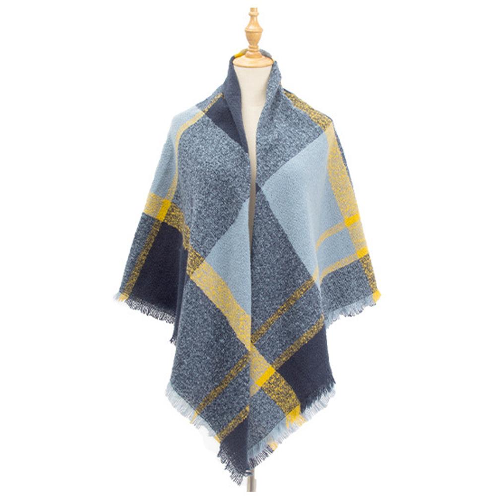Осенне-зимняя шаль, женский теплый синий клетчатый квадратный шарф