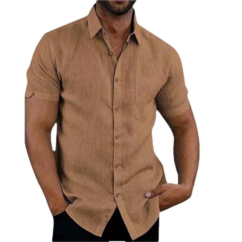 Summer Lapel Solid Color Short Sleeve Button Up Men Linen Shirt Plus Size Men's Tops