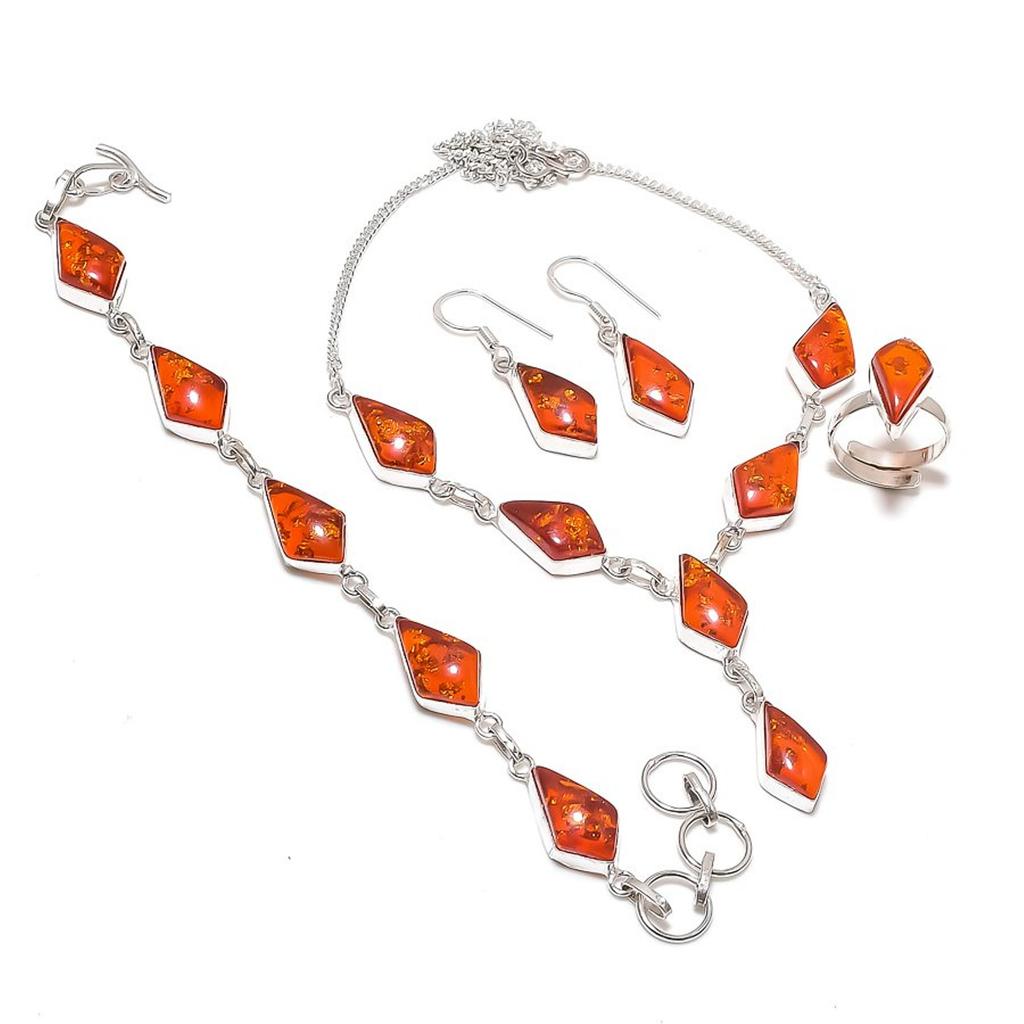 Yellow Amber Gemstone Jewelry Set Handmade Gift Necklace Bracelet Ring Earrings