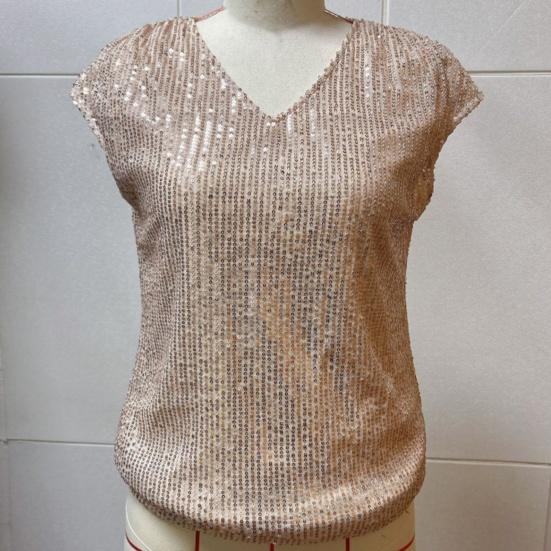 Женский жилет, блестящий топ с пайетками, V-образный вырез, короткий рукав, эластичные топы для вечеринок, летний свободный жилет для повседневной носки