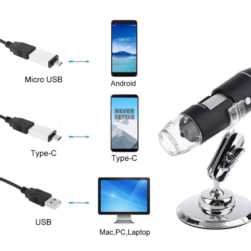 Цифровой микроскоп 1600X Портативный 2 адаптера Поддержка для ПК с Windows Type-C Micro-USB Телефон USB Увеличительное стекло с 8 светодиодами