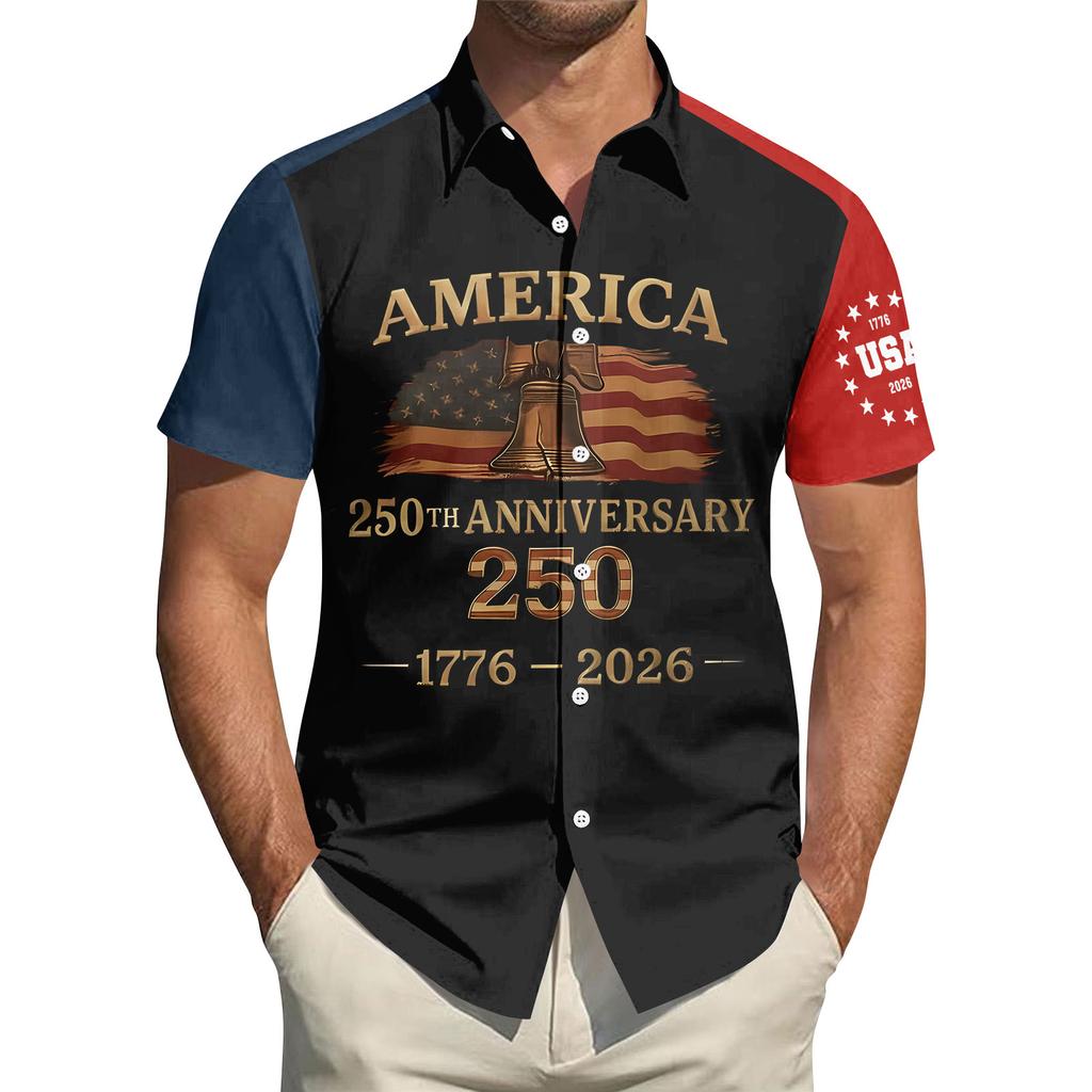 Men's Independence Day Printed Collared Top Men's Casual Sports Short-Sleeve Shirt